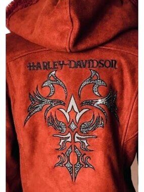 Harley-Davidson VTG Womens L Moto Suede Jacket Hooded Rust Rhinestone Sherpa Bik